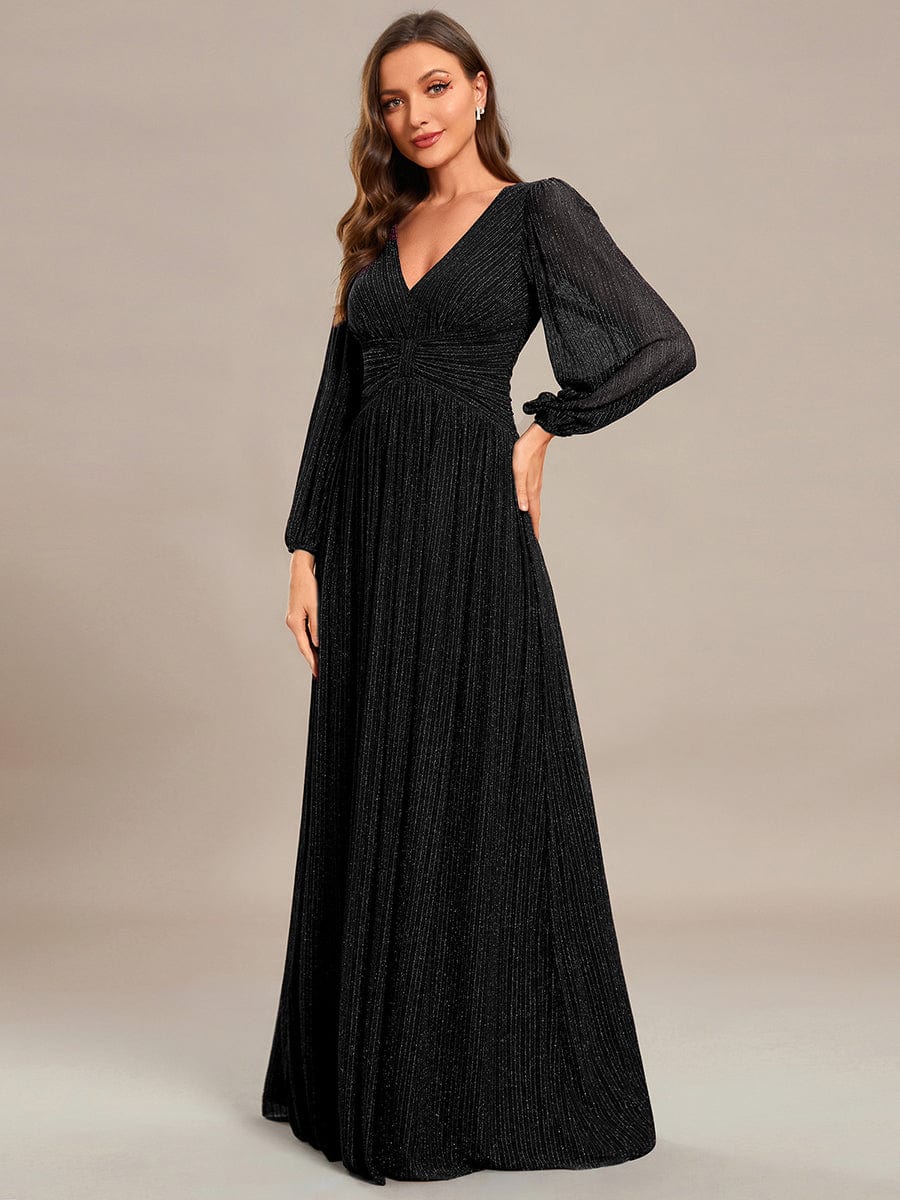 Sparkle Long Sleeve Formal Evening Dress with A-line Silhouette #color_Black