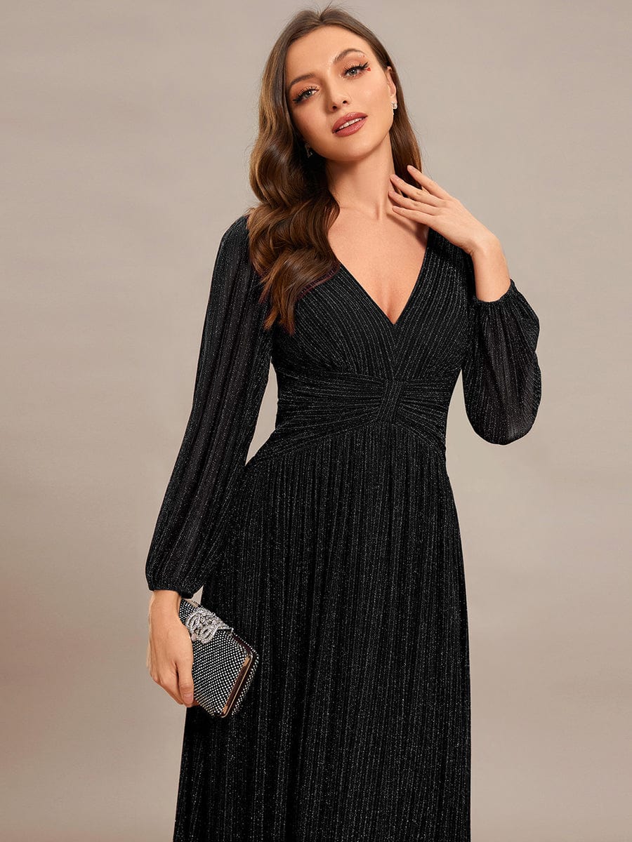 Sparkle Long Sleeve Formal Evening Dress with A-line Silhouette #color_Black