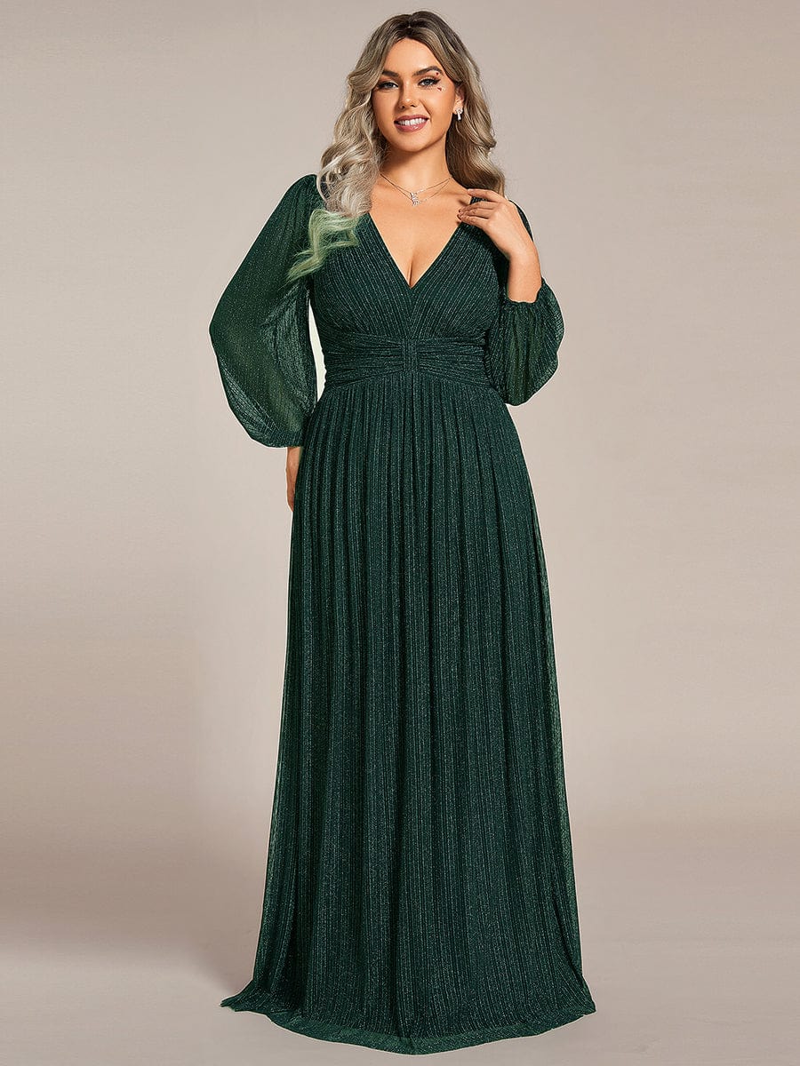 Sparkle Long Sleeve Formal Evening Dress with A-line Silhouette #color_Dark Green