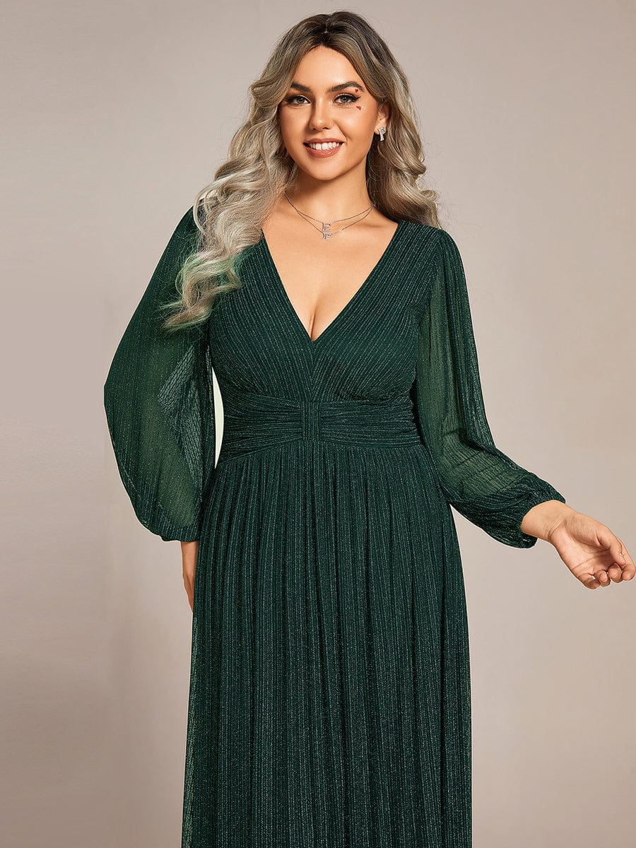 Sparkle Long Sleeve Formal Evening Dress with A-line Silhouette #color_Dark Green