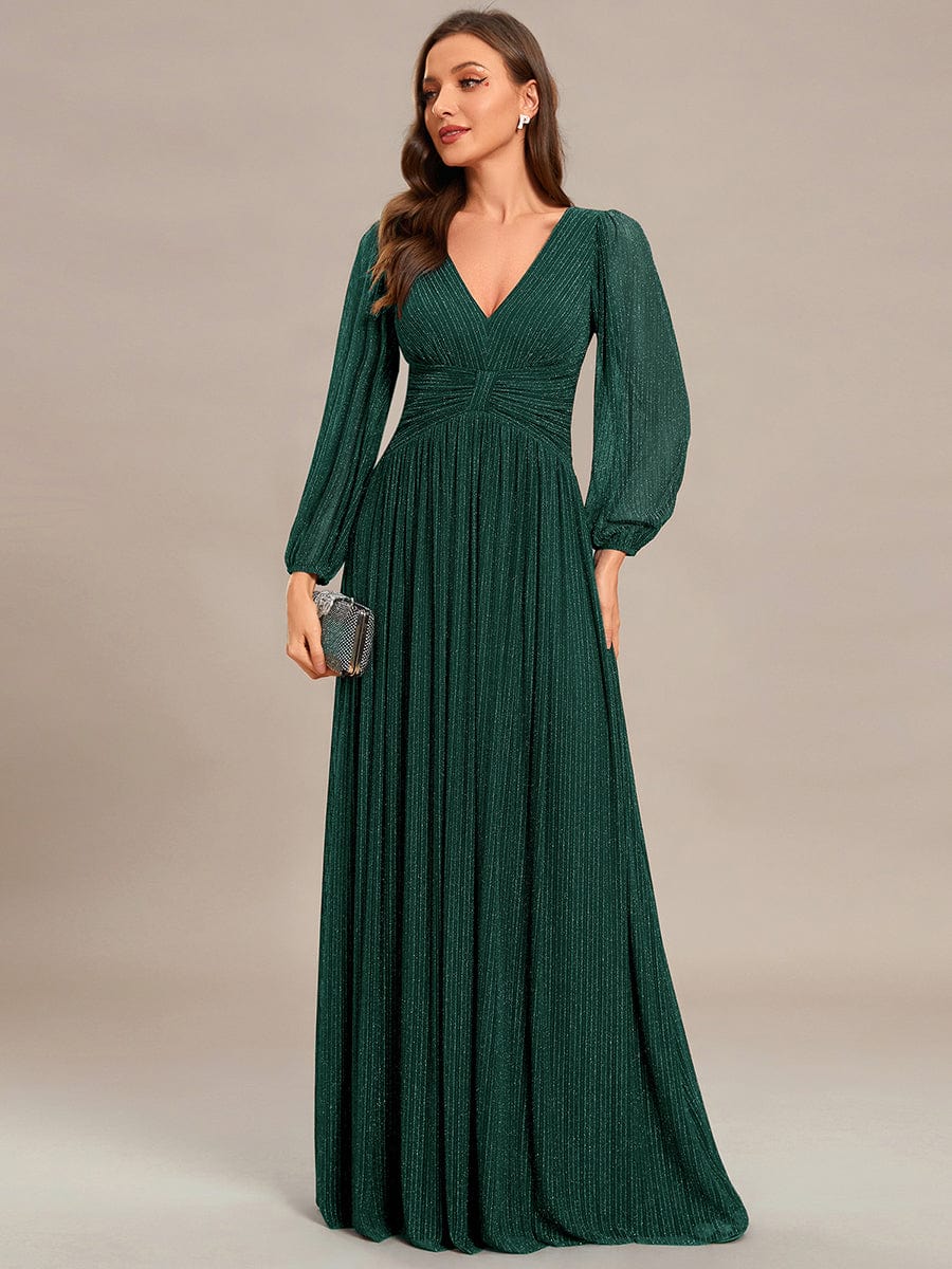 Sparkle Long Sleeve Formal Evening Dress with A-line Silhouette #color_Dark Green