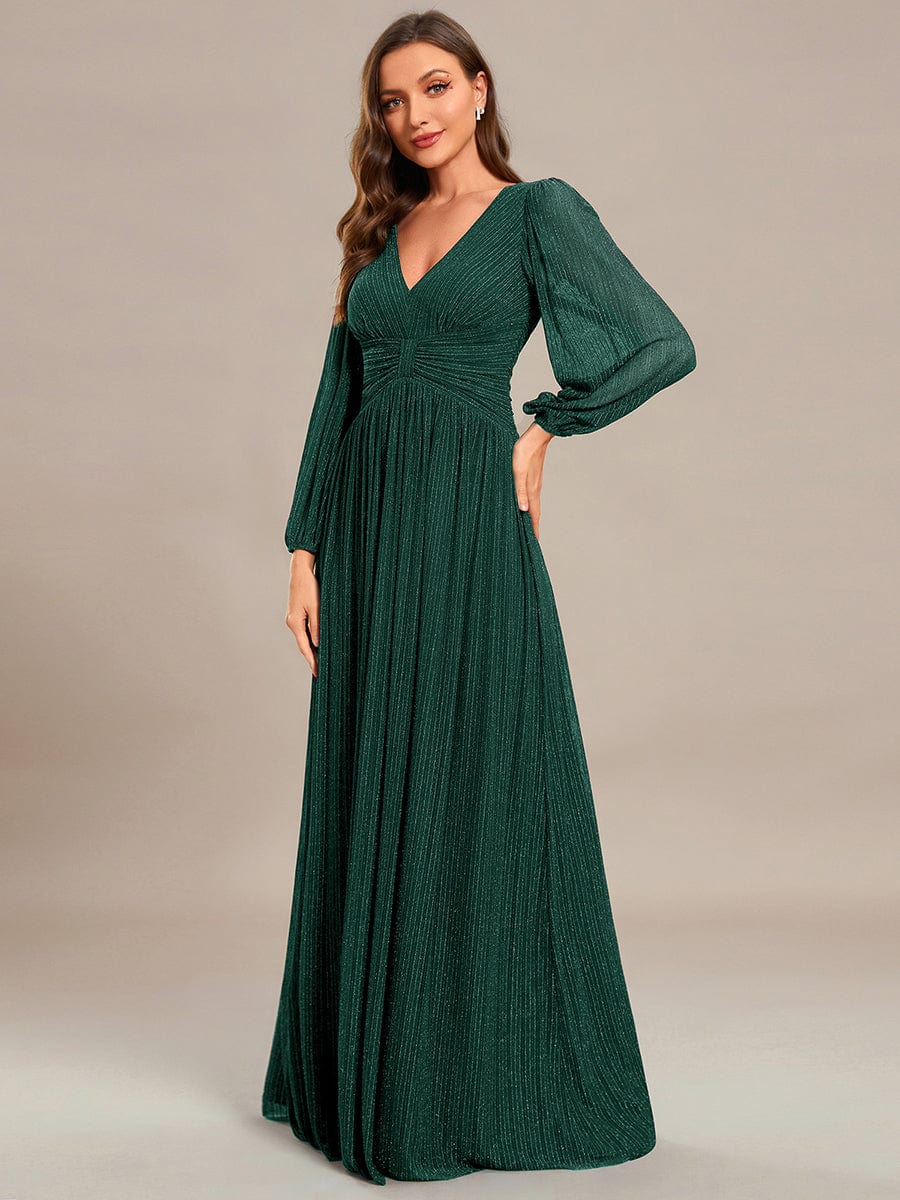 Sparkle Long Sleeve Formal Evening Dress with A-line Silhouette #color_Dark Green