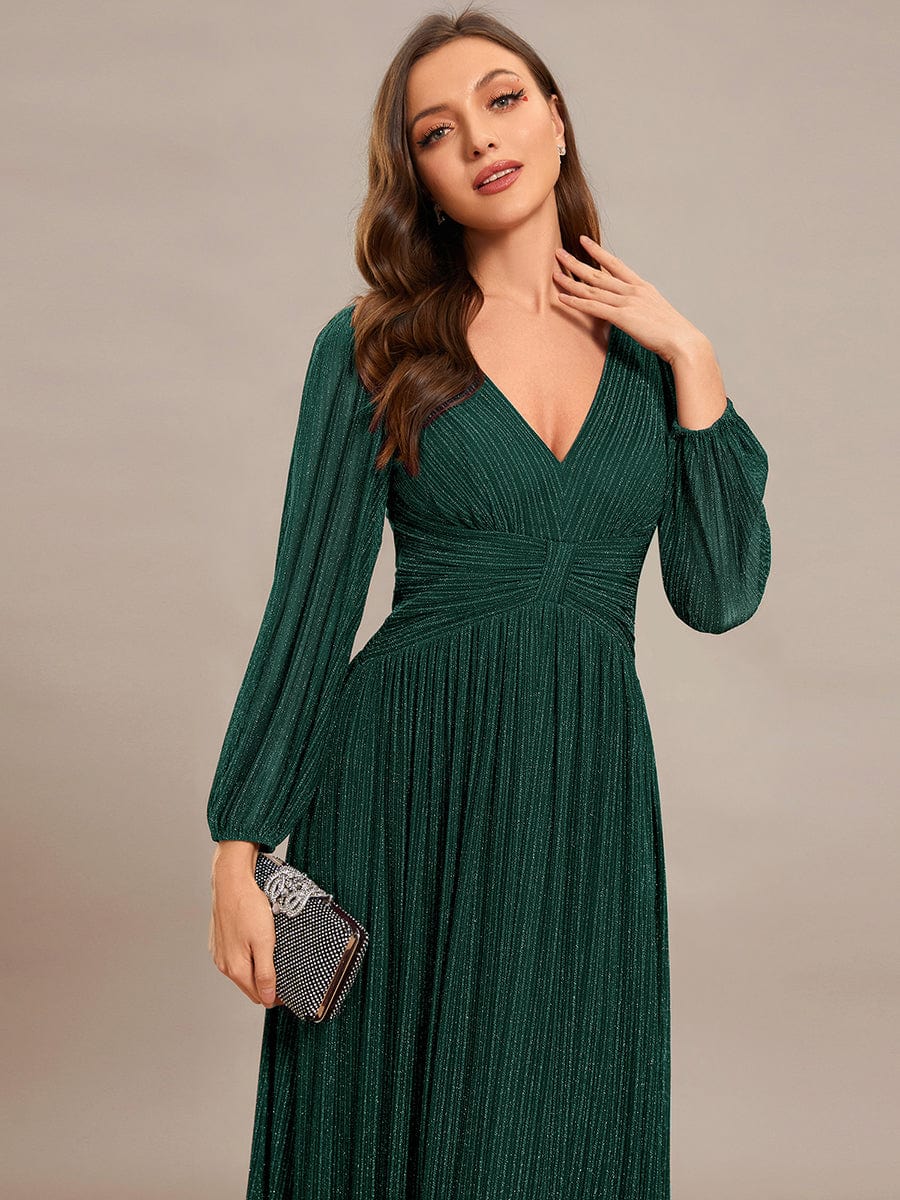 Sparkle Long Sleeve Formal Evening Dress with A-line Silhouette #color_Dark Green