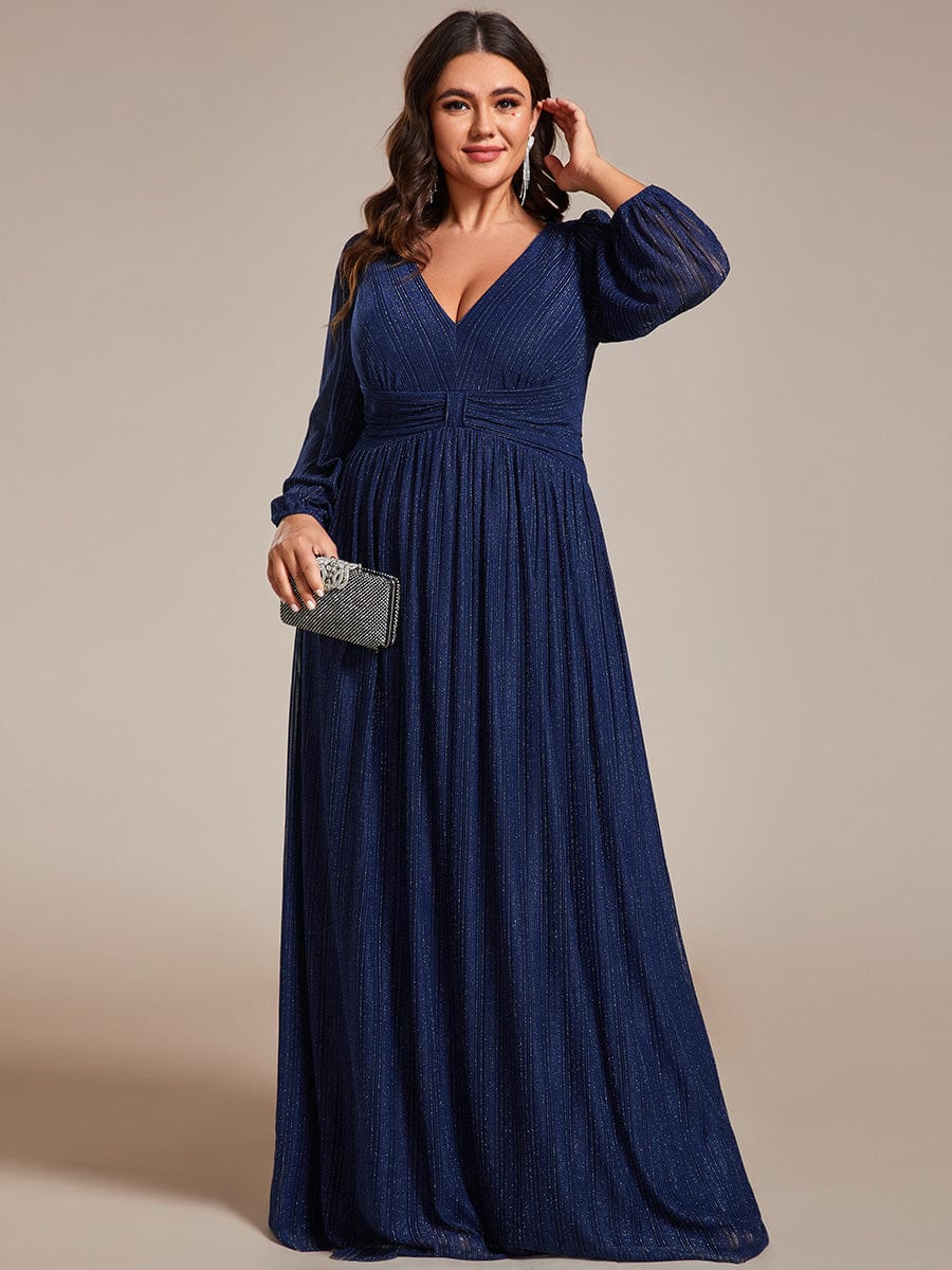 Sparkle Long Sleeve Formal Evening Dress with A-line Silhouette #color_Navy Blue