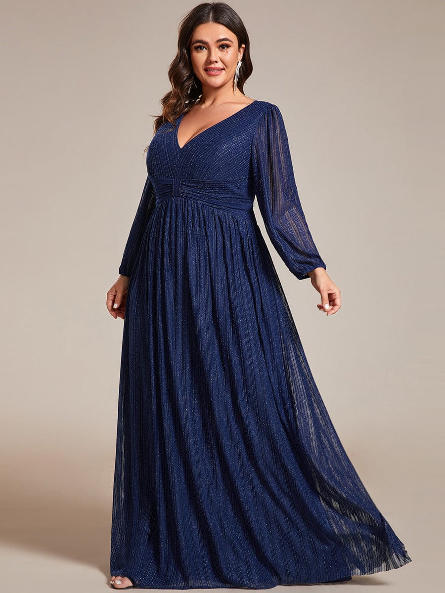 Sparkle Long Sleeve Formal Evening Dress with A-line Silhouette #color_Navy Blue