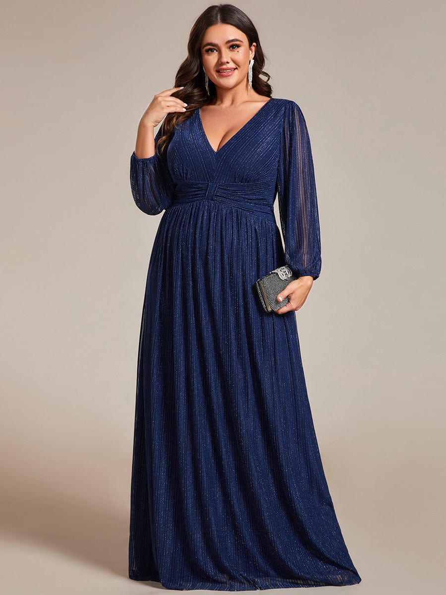 Sparkle Long Sleeve Formal Evening Dress with A-line Silhouette #color_Navy Blue