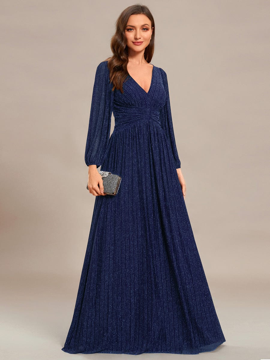 Sparkle Long Sleeve Formal Evening Dress with A-line Silhouette #color_Navy Blue