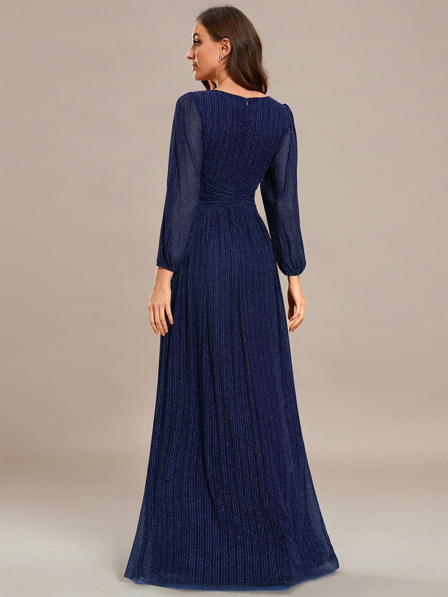 Sparkle Long Sleeve Formal Evening Dress with A-line Silhouette #color_Navy Blue