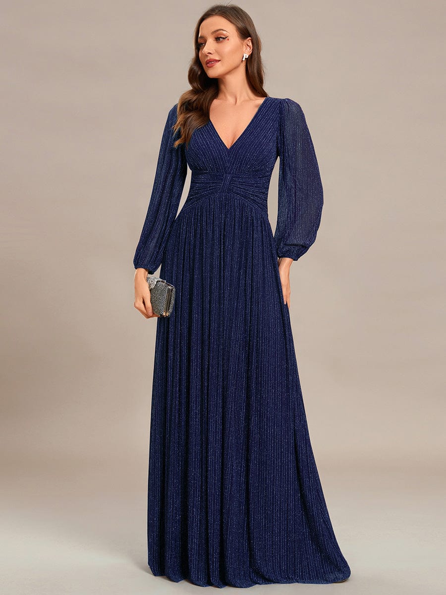 Sparkle Long Sleeve Formal Evening Dress with A-line Silhouette #color_Navy Blue