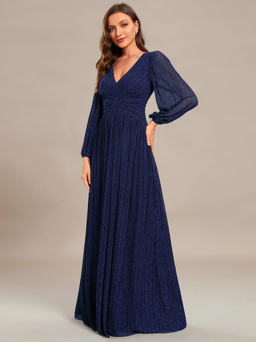 Sparkle Long Sleeve Formal Evening Dress with A-line Silhouette #color_Navy Blue