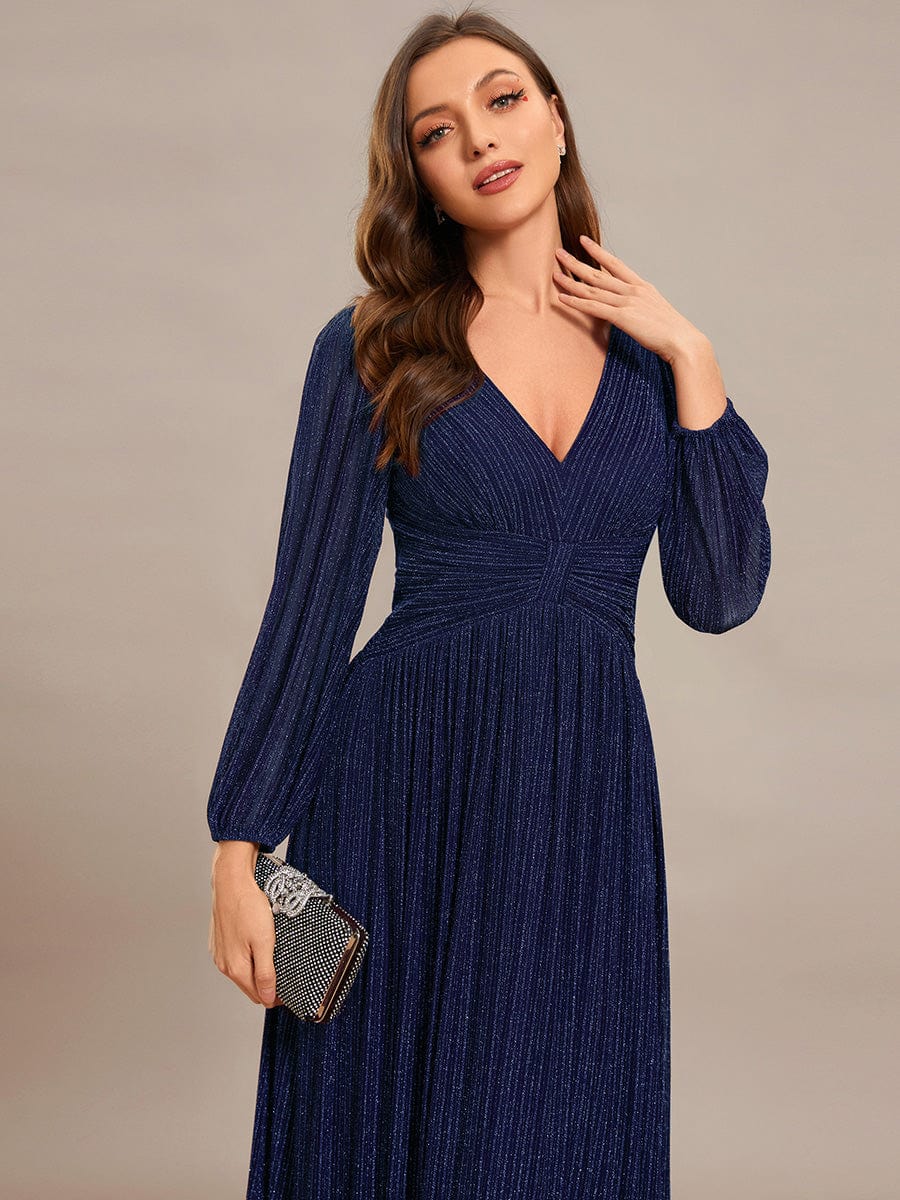 Sparkle Long Sleeve Formal Evening Dress with A-line Silhouette #color_Navy Blue