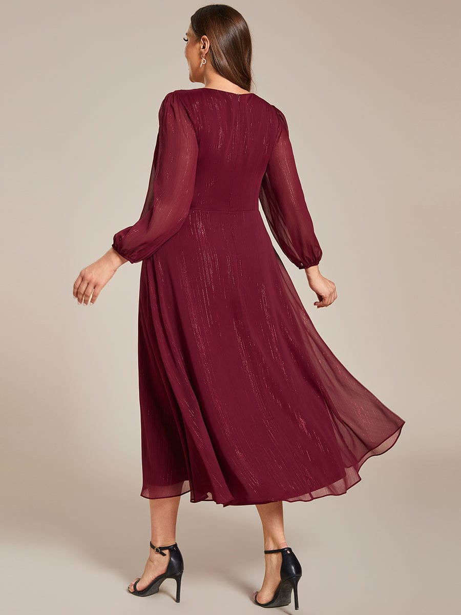 Shimmering Long Sleeve V-Neck Chiffon Twist Knot A-Line Evening Dress #color_Burgundy