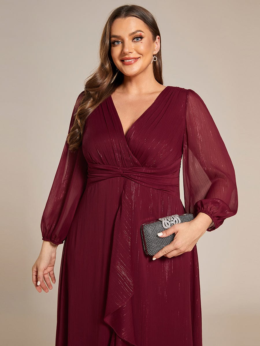 Shimmering Long Sleeve V-Neck Chiffon Twist Knot A-Line Evening Dress #color_Burgundy