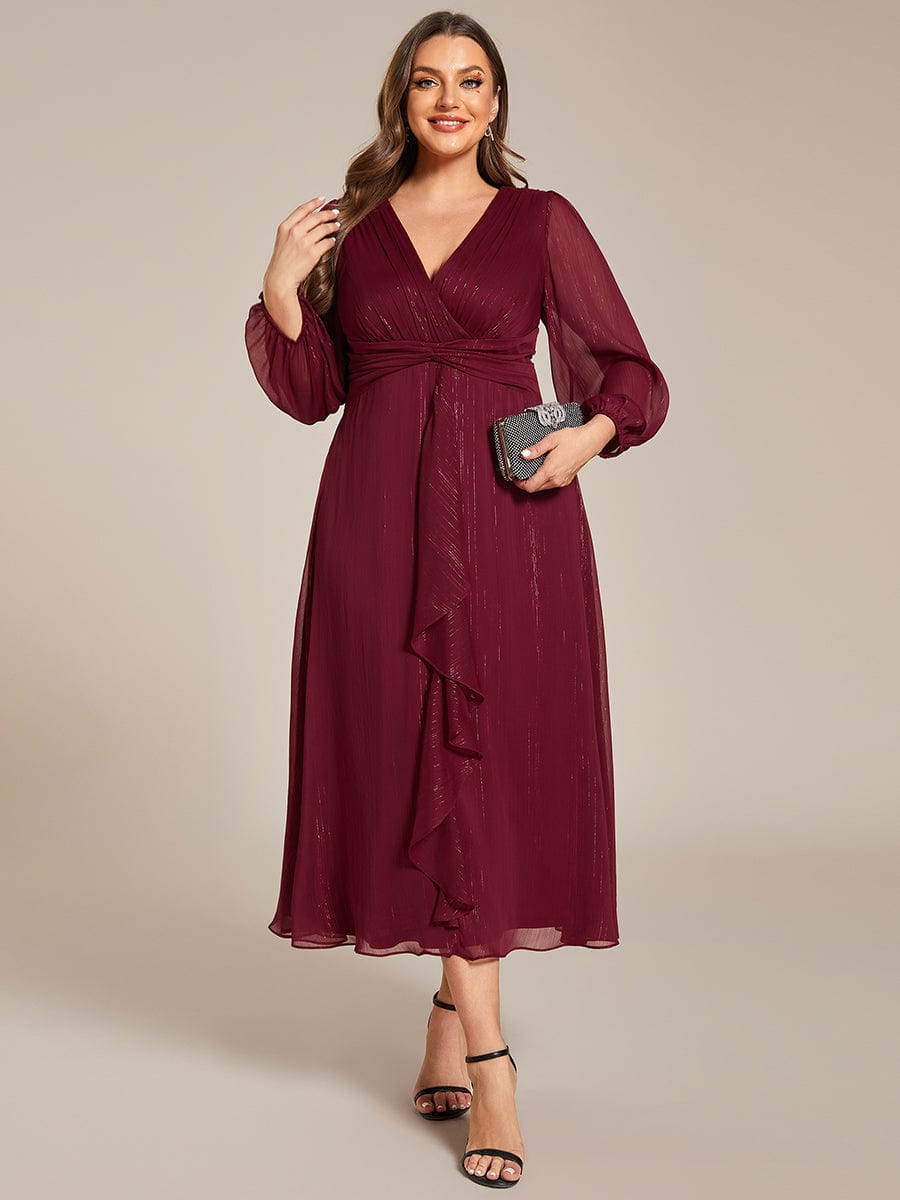 Shimmering Long Sleeve V-Neck Chiffon Twist Knot A-Line Evening Dress #color_Burgundy