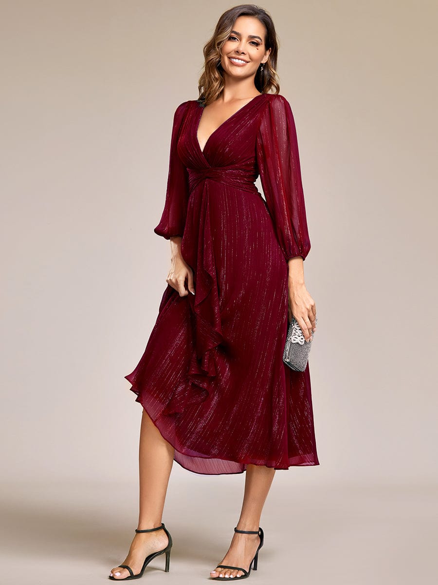 Shimmering Long Sleeve V-Neck Chiffon Twist Knot A-Line Evening Dress #color_Burgundy