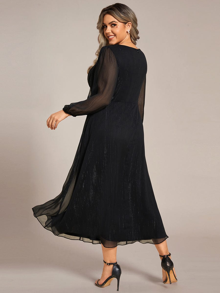 Shimmering Long Sleeve V-Neck Chiffon Twist Knot A-Line Evening Dress #color_Black