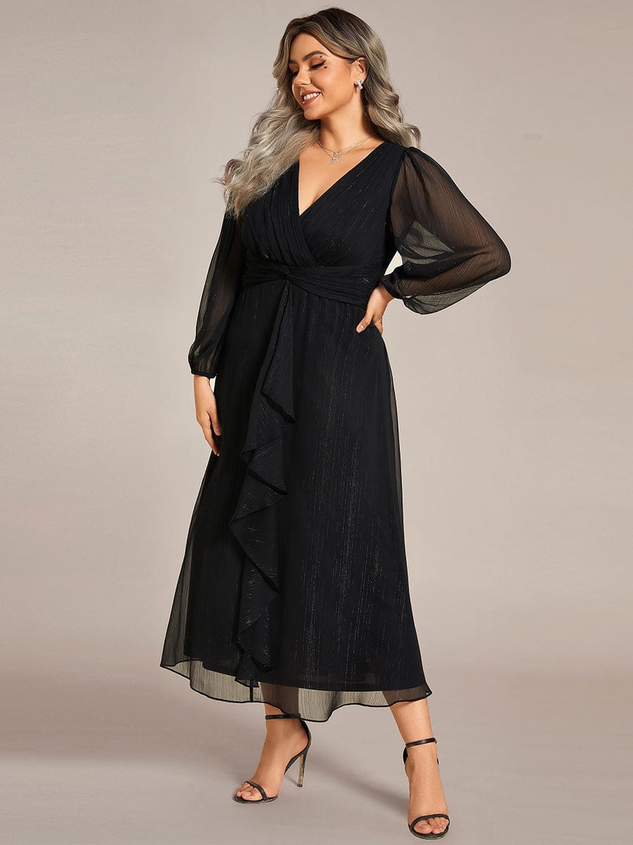 Shimmering Long Sleeve V-Neck Chiffon Twist Knot A-Line Evening Dress #color_Black