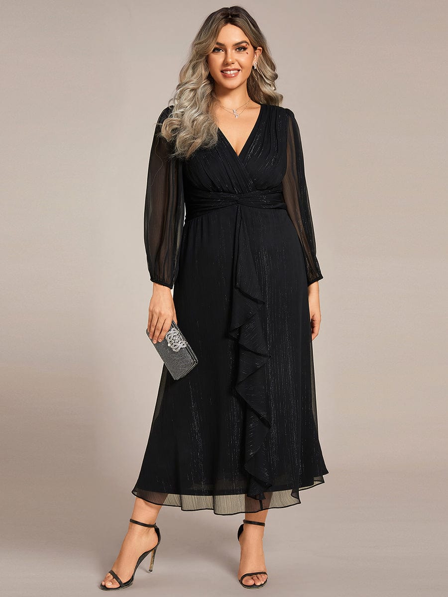 Shimmering Long Sleeve V-Neck Chiffon Twist Knot A-Line Evening Dress #color_Black