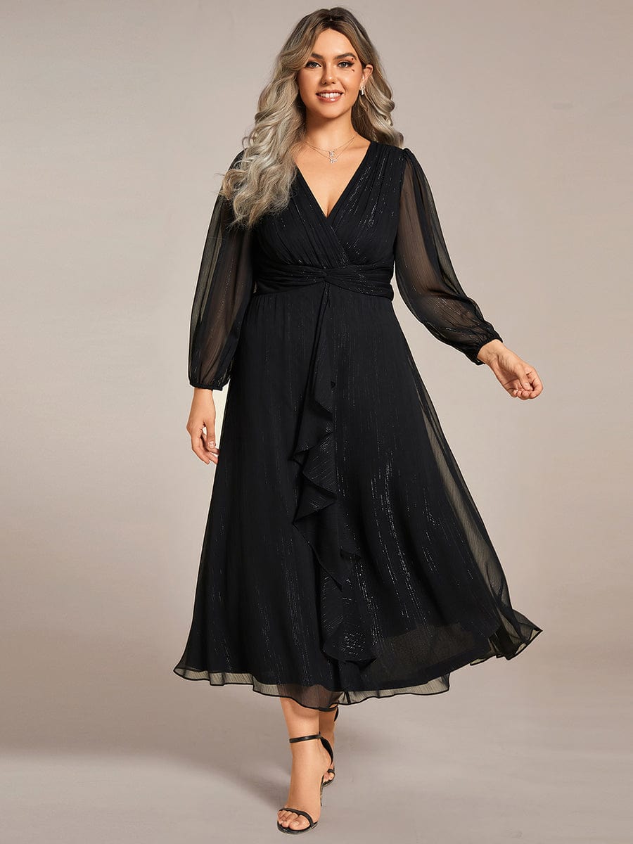 Shimmering Long Sleeve V-Neck Chiffon Twist Knot A-Line Evening Dress #color_Black