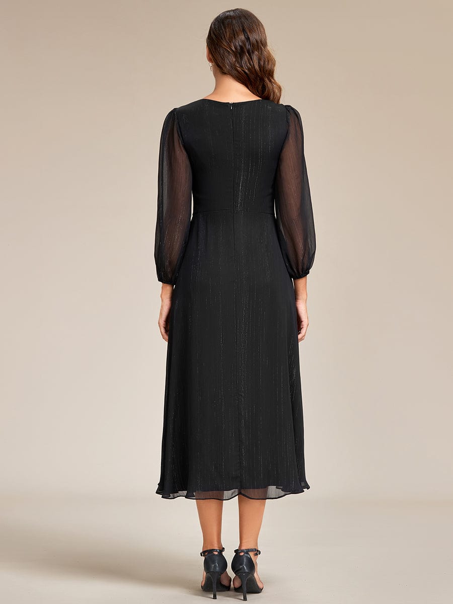 Shimmering Long Sleeve V-Neck Chiffon Twist Knot A-Line Evening Dress #color_Black