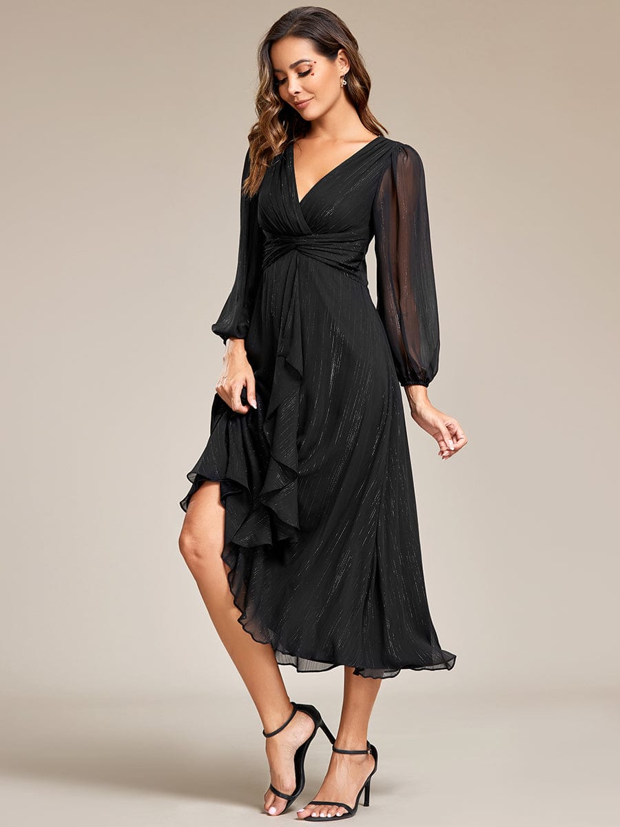 Shimmering Long Sleeve V-Neck Chiffon Twist Knot A-Line Evening Dress #color_Black