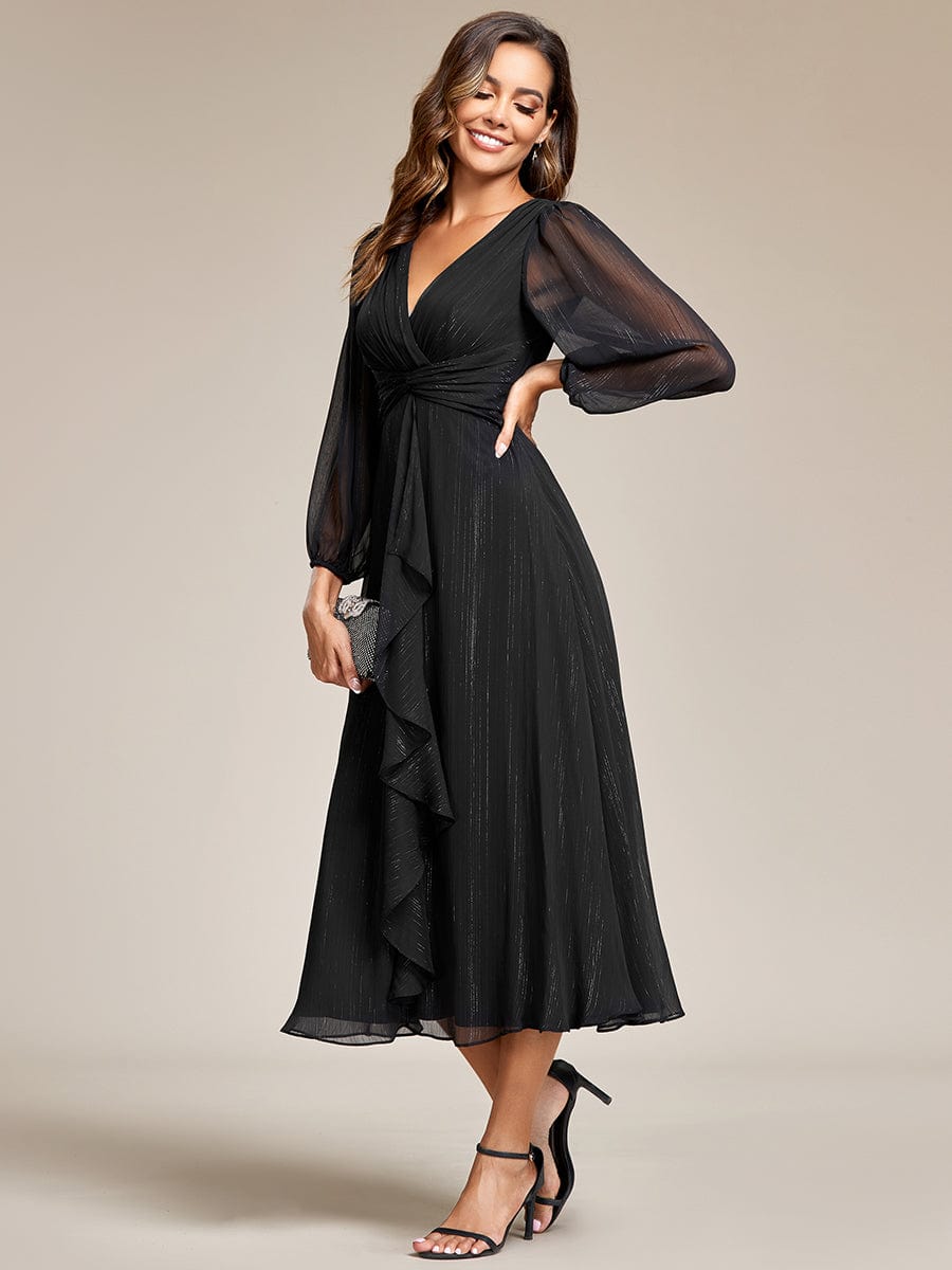 Shimmering Long Sleeve V-Neck Chiffon Twist Knot A-Line Evening Dress #color_Black