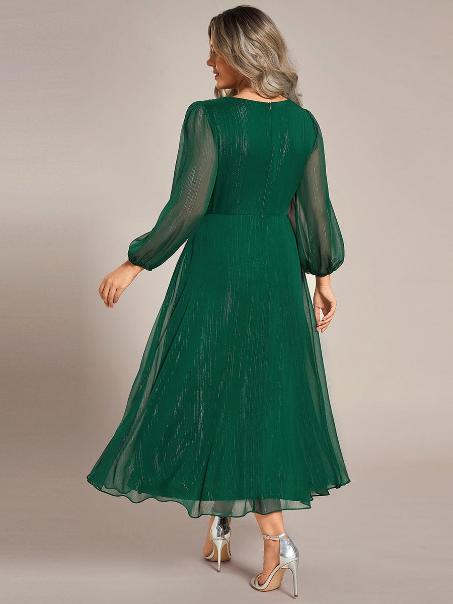 Shimmering Long Sleeve V-Neck Chiffon Twist Knot A-Line Evening Dress #color_Dark Green