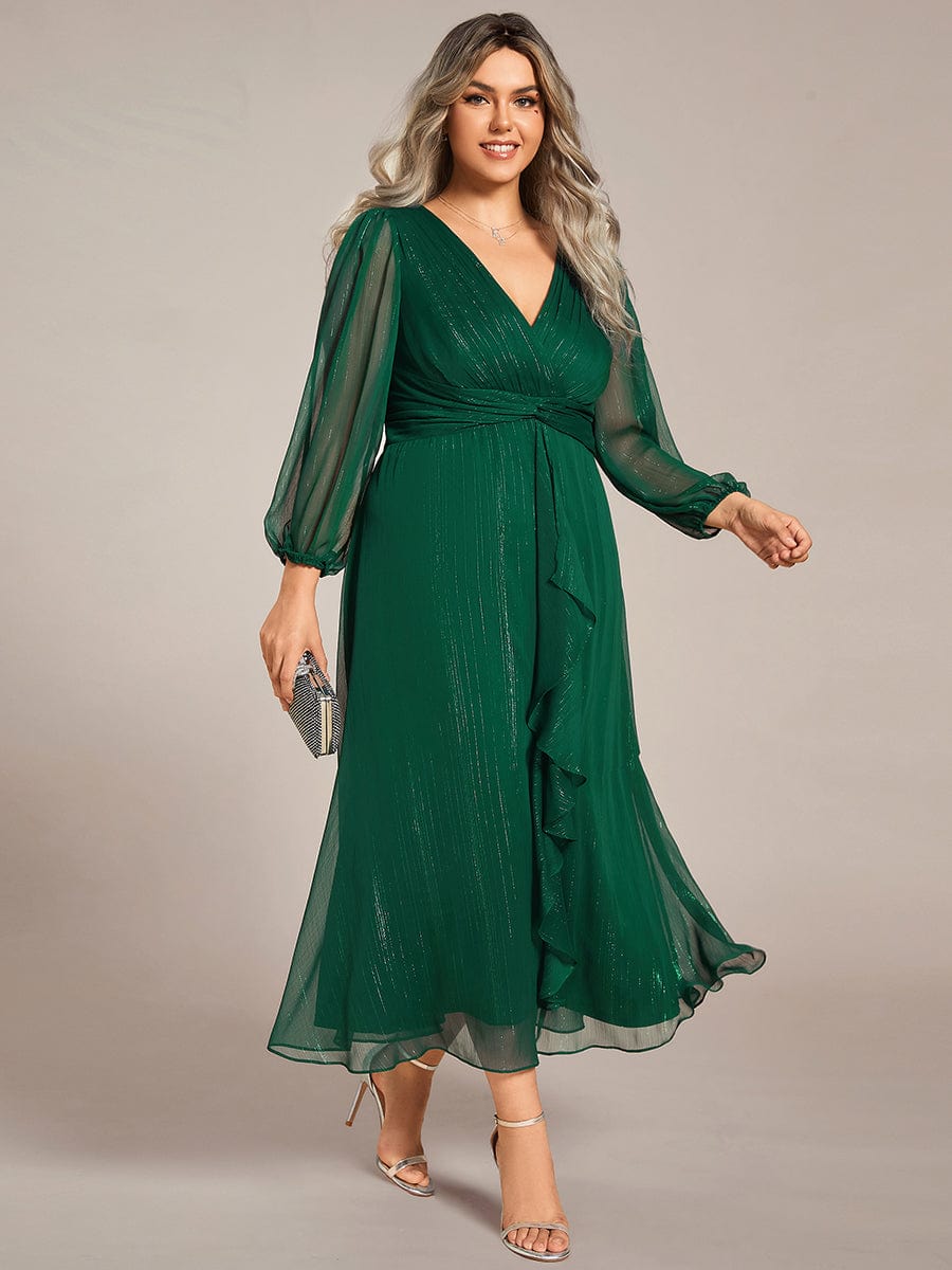 Shimmering Long Sleeve V-Neck Chiffon Twist Knot A-Line Evening Dress #color_Dark Green