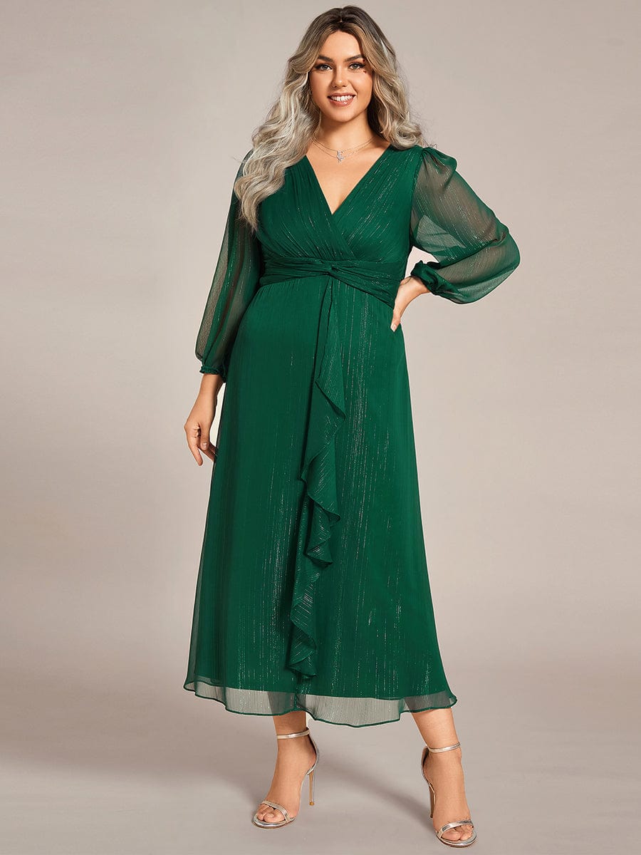 Shimmering Long Sleeve V-Neck Chiffon Twist Knot A-Line Evening Dress #color_Dark Green