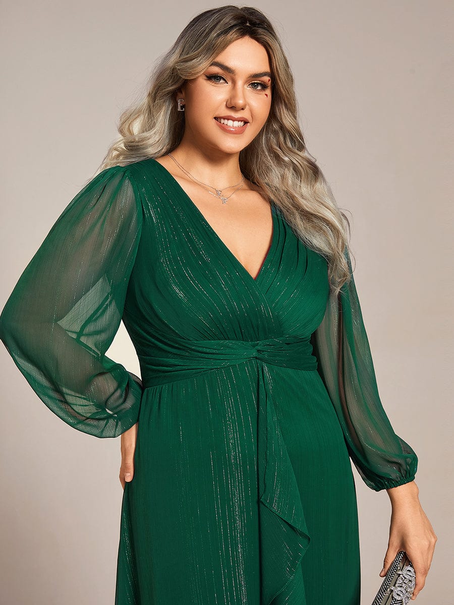 Shimmering Long Sleeve V-Neck Chiffon Twist Knot A-Line Evening Dress #color_Dark Green