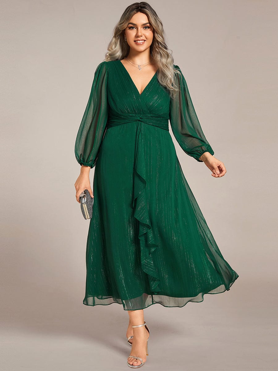 Shimmering Long Sleeve V-Neck Chiffon Twist Knot A-Line Evening Dress #color_Dark Green