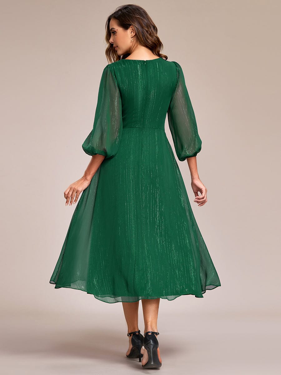 Shimmering Long Sleeve V-Neck Chiffon Twist Knot A-Line Evening Dress #color_Dark Green