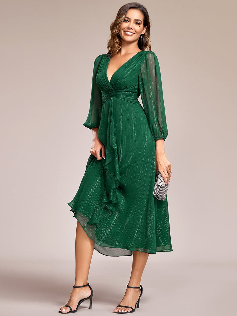 Shimmering Long Sleeve V-Neck Chiffon Twist Knot A-Line Evening Dress #color_Dark Green