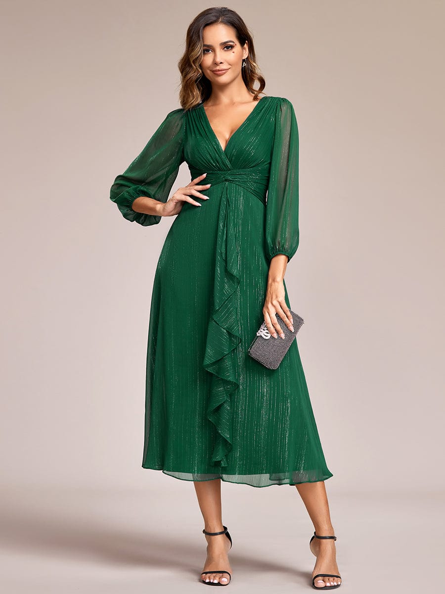 Shimmering Long Sleeve V-Neck Chiffon Twist Knot A-Line Evening Dress #color_Dark Green