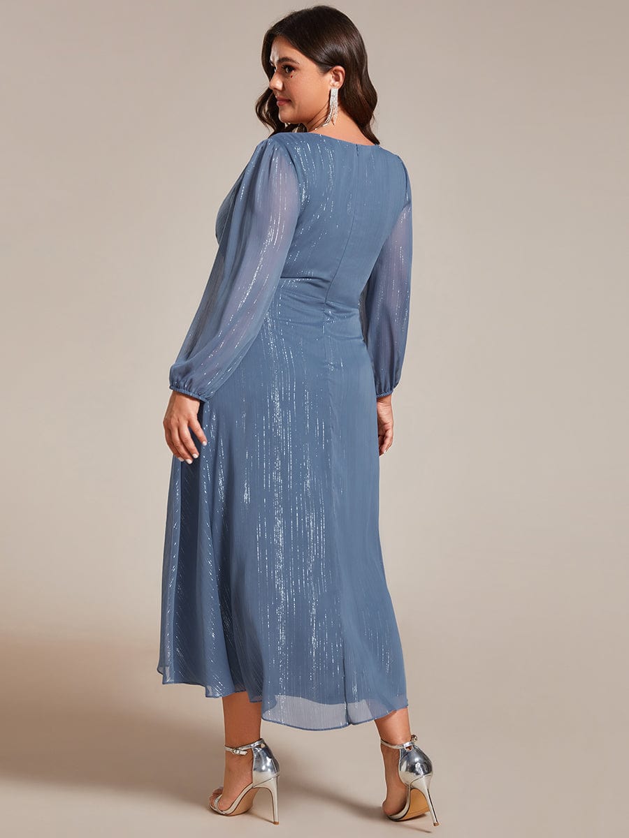 Shimmering Long Sleeve V-Neck Chiffon Twist Knot A-Line Evening Dress #color_Dusty Navy