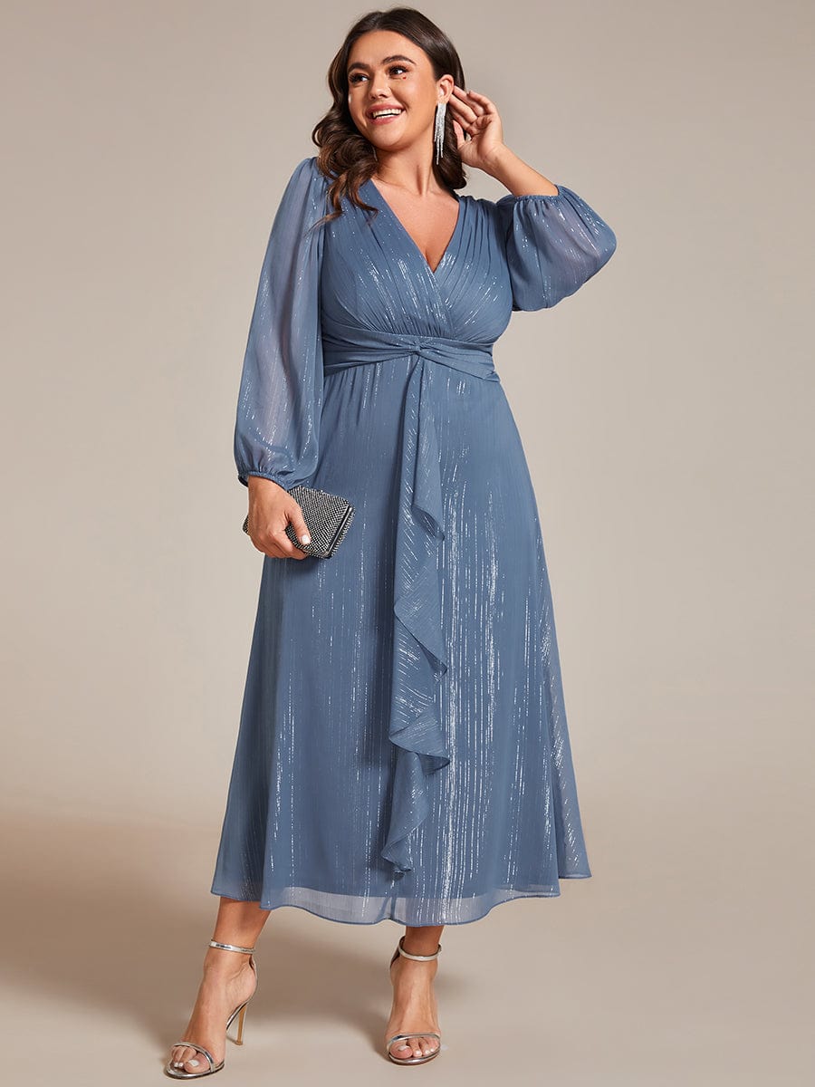 Shimmering Long Sleeve V-Neck Chiffon Twist Knot A-Line Evening Dress #color_Dusty Blue