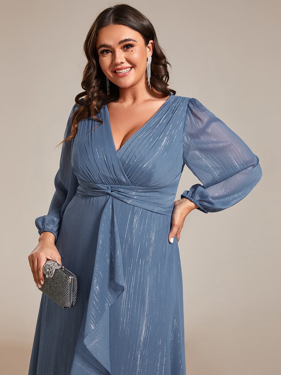 Shimmering Long Sleeve V-Neck Chiffon Twist Knot A-Line Evening Dress #color_Dusty Blue