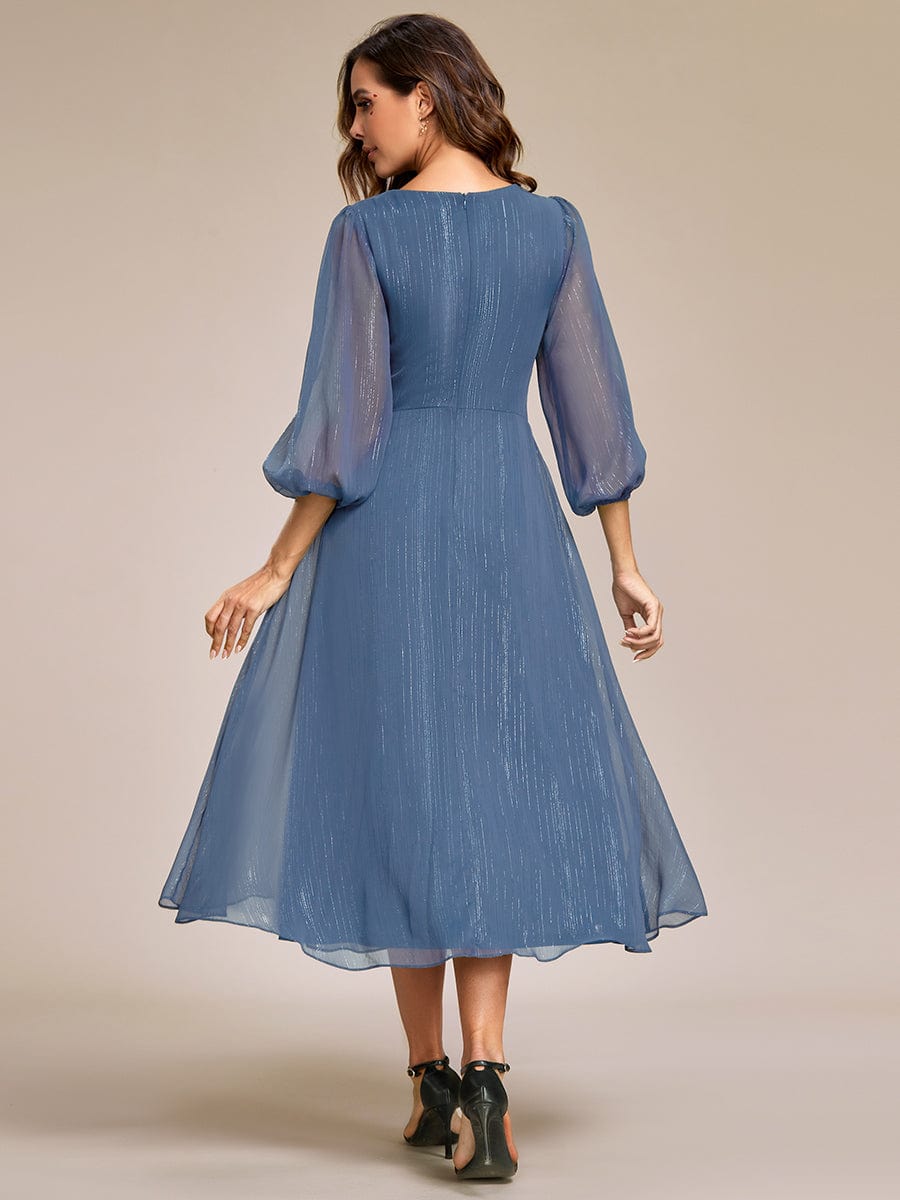 Shimmering Long Sleeve V-Neck Chiffon Twist Knot A-Line Evening Dress #color_Dusty Blue