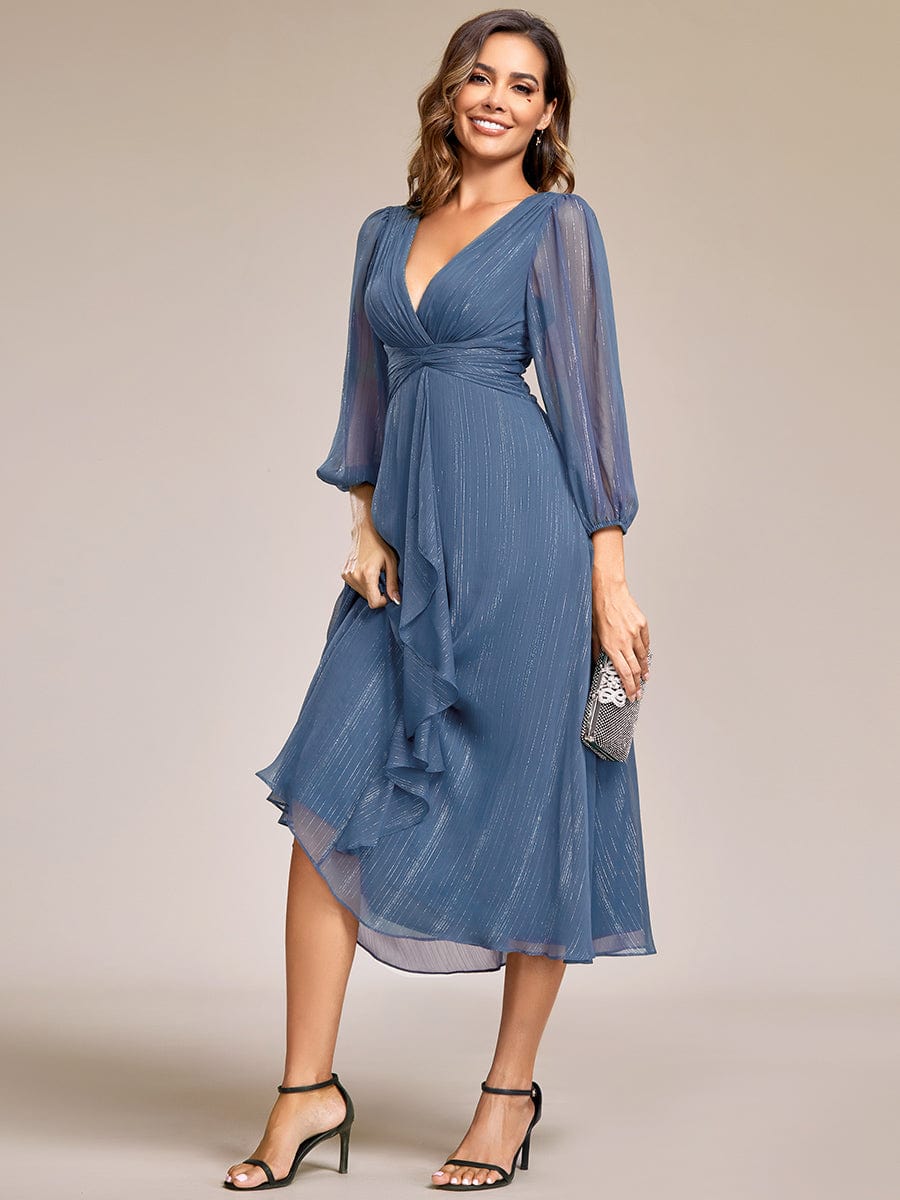 Shimmering Long Sleeve V-Neck Chiffon Twist Knot A-Line Evening Dress #color_Dusty Blue