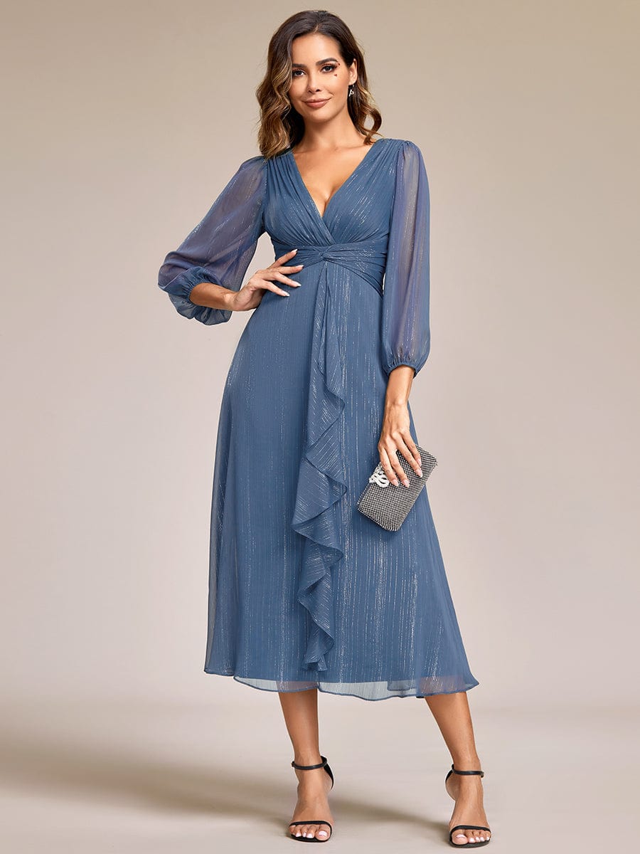 Shimmering Long Sleeve V-Neck Chiffon Twist Knot A-Line Evening Dress #color_Dusty Blue