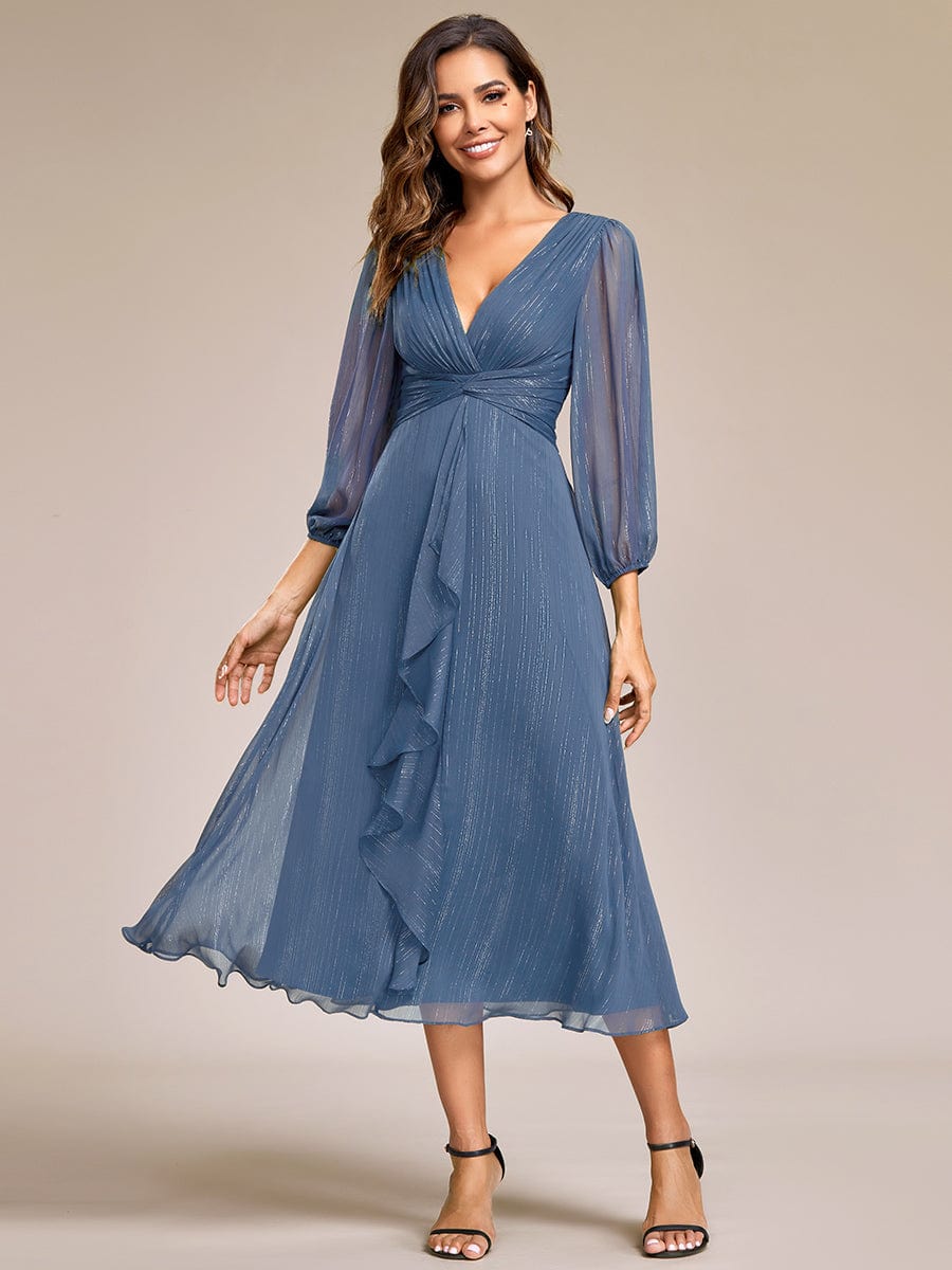 Shimmering Long Sleeve V-Neck Chiffon Twist Knot A-Line Evening Dress #color_Dusty Blue