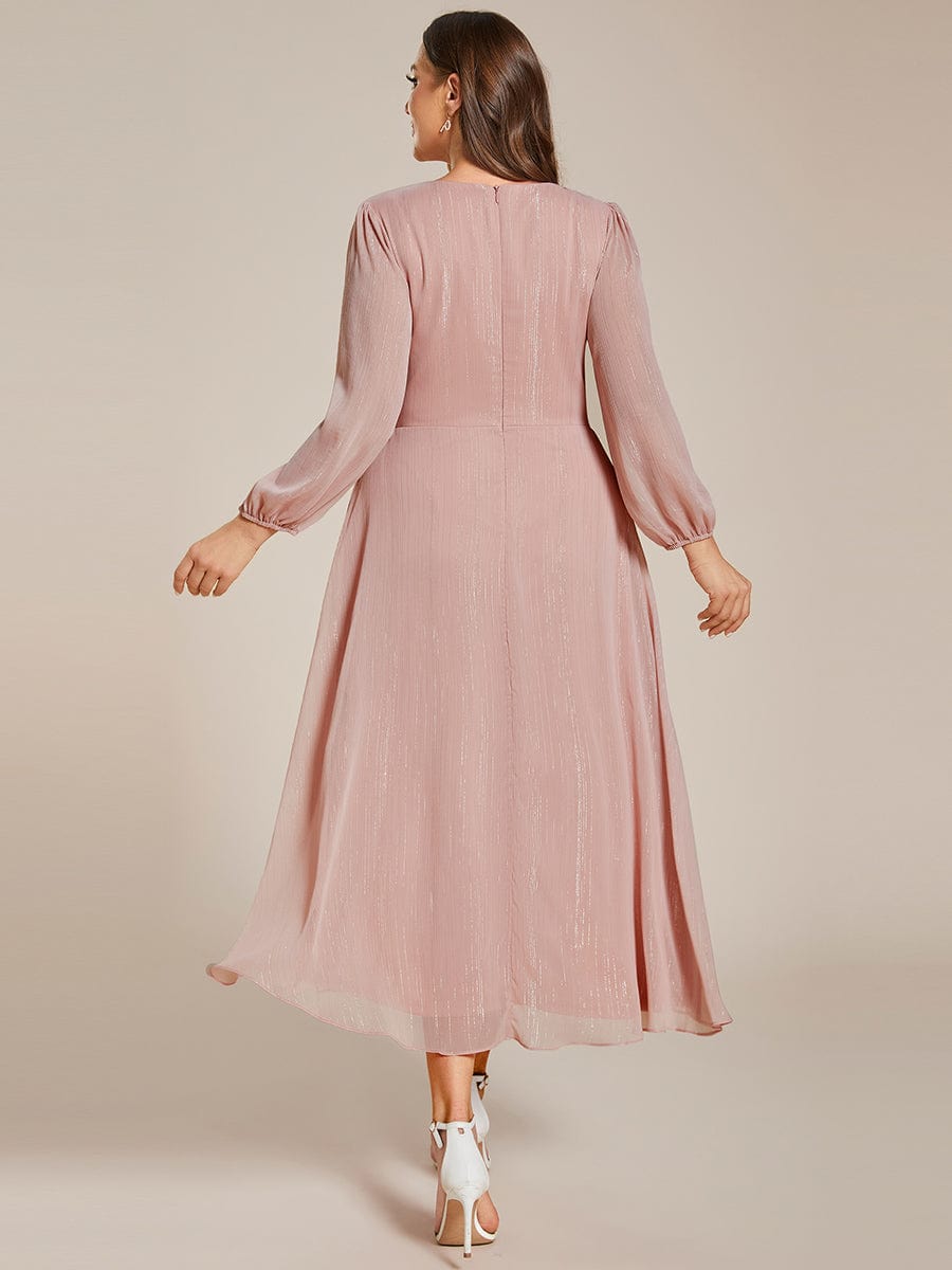 Shimmering Long Sleeve V-Neck Chiffon Twist Knot A-Line Evening Dress #color_Dusty Rose