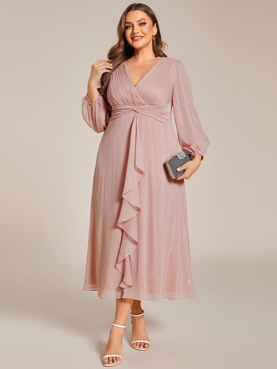 Shimmering Long Sleeve V-Neck Chiffon Twist Knot A-Line Evening Dress #color_Dusty Rose