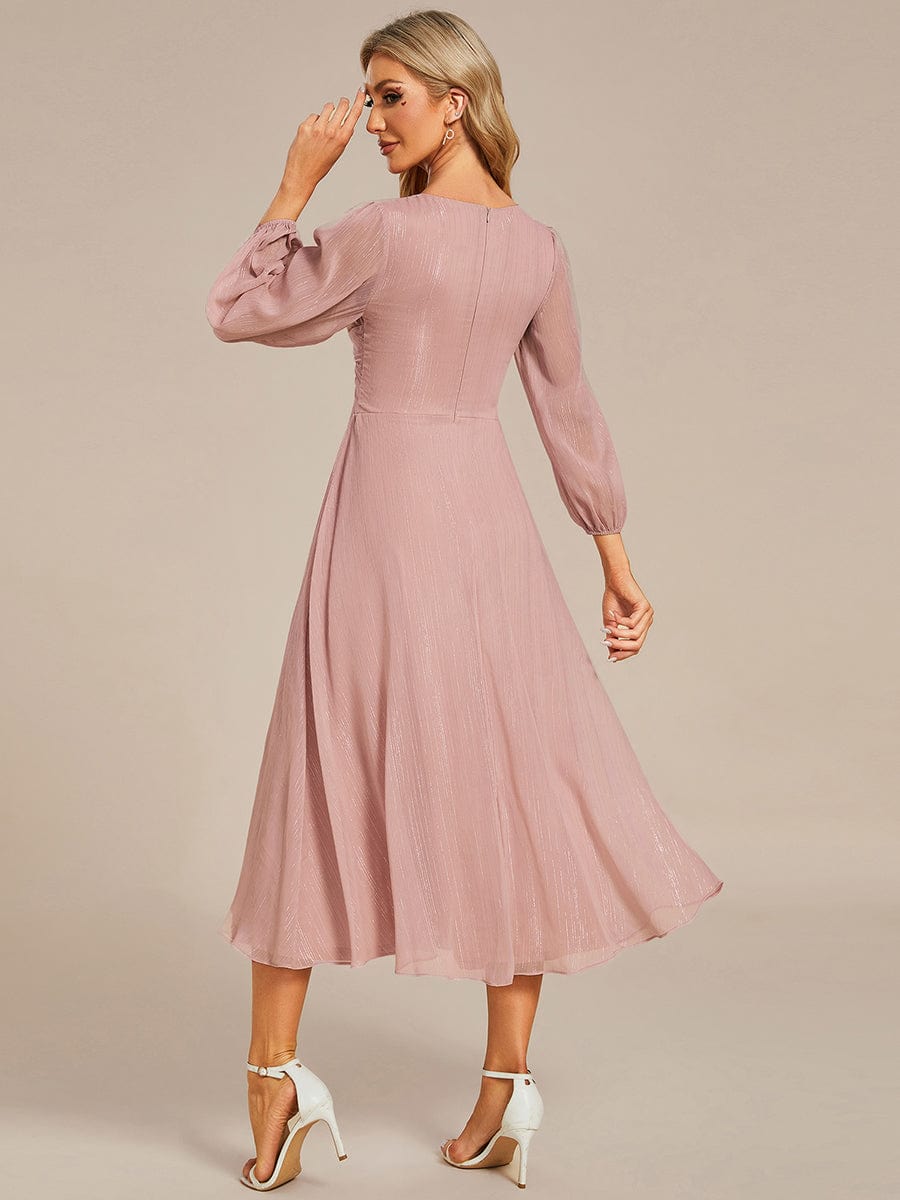 Shimmering Long Sleeve V-Neck Chiffon Twist Knot A-Line Evening Dress #color_Dusty Rose