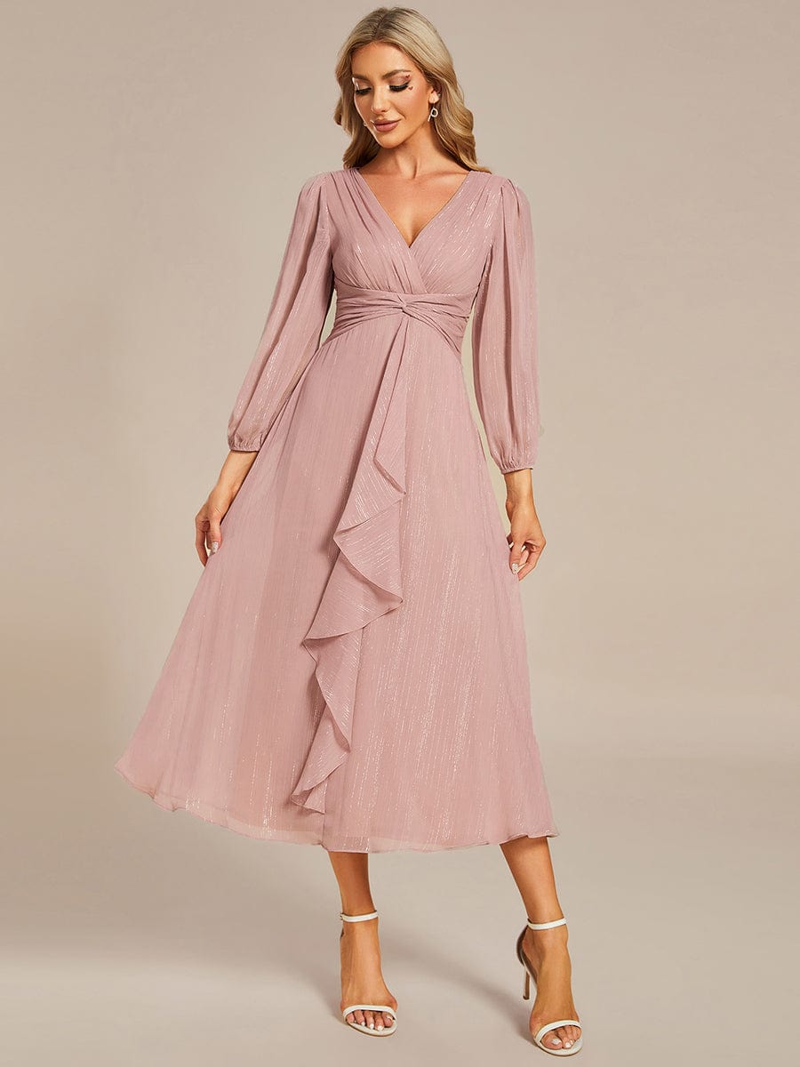 Shimmering Long Sleeve V-Neck Chiffon Twist Knot A-Line Evening Dress #color_Dusty Rose