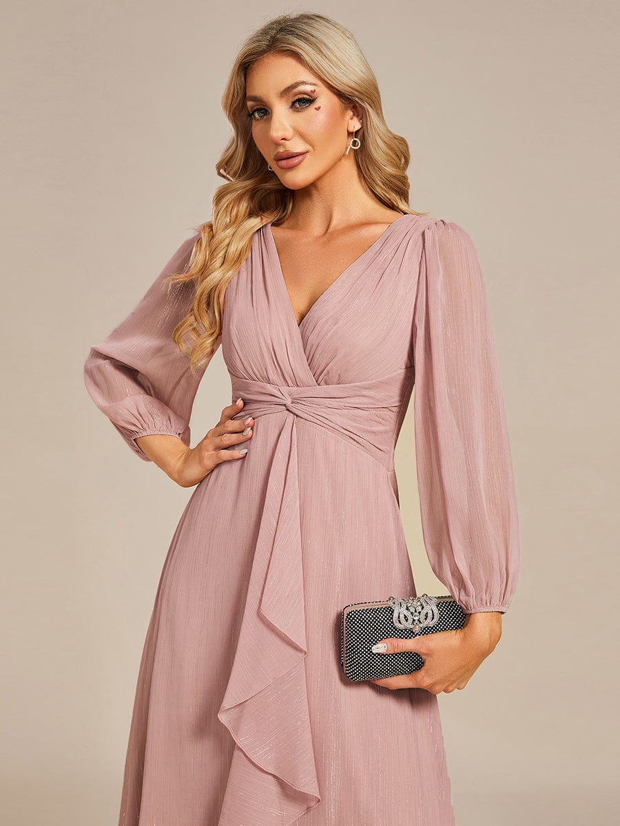 Shimmering Long Sleeve V-Neck Chiffon Twist Knot A-Line Evening Dress #color_Dusty Rose