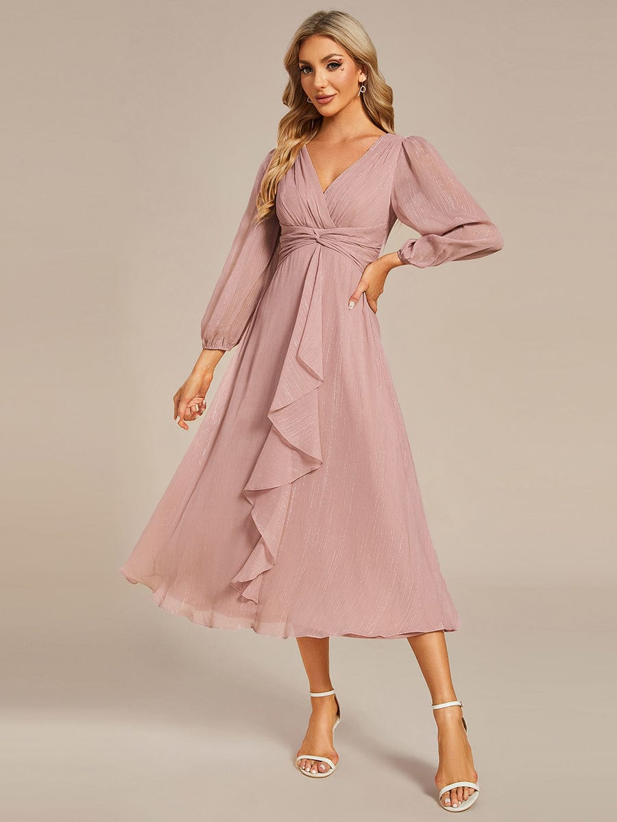 Shimmering Long Sleeve V-Neck Chiffon Twist Knot A-Line Evening Dress #color_Dusty Rose