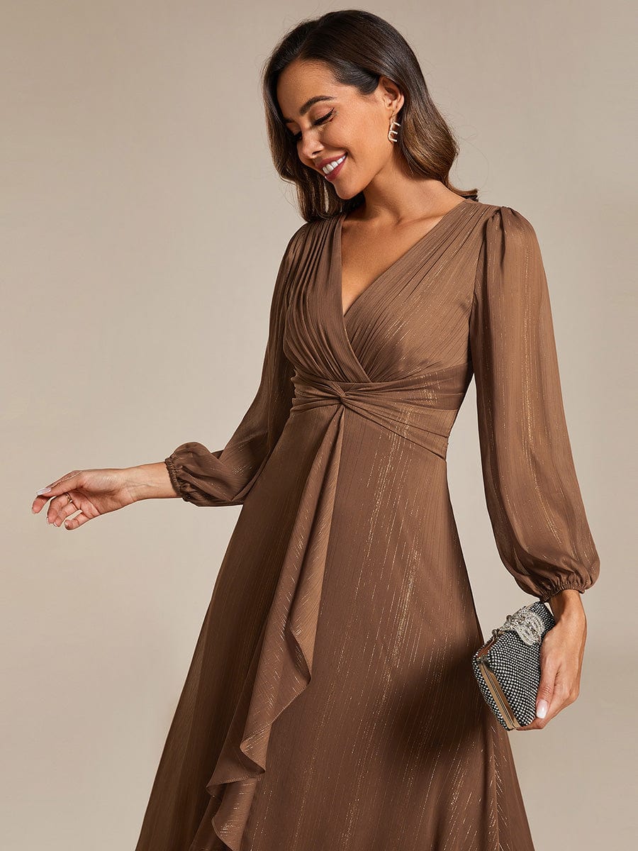 Shimmering Long Sleeve V-Neck Chiffon Twist Knot A-Line Evening Dress #color_Emperador