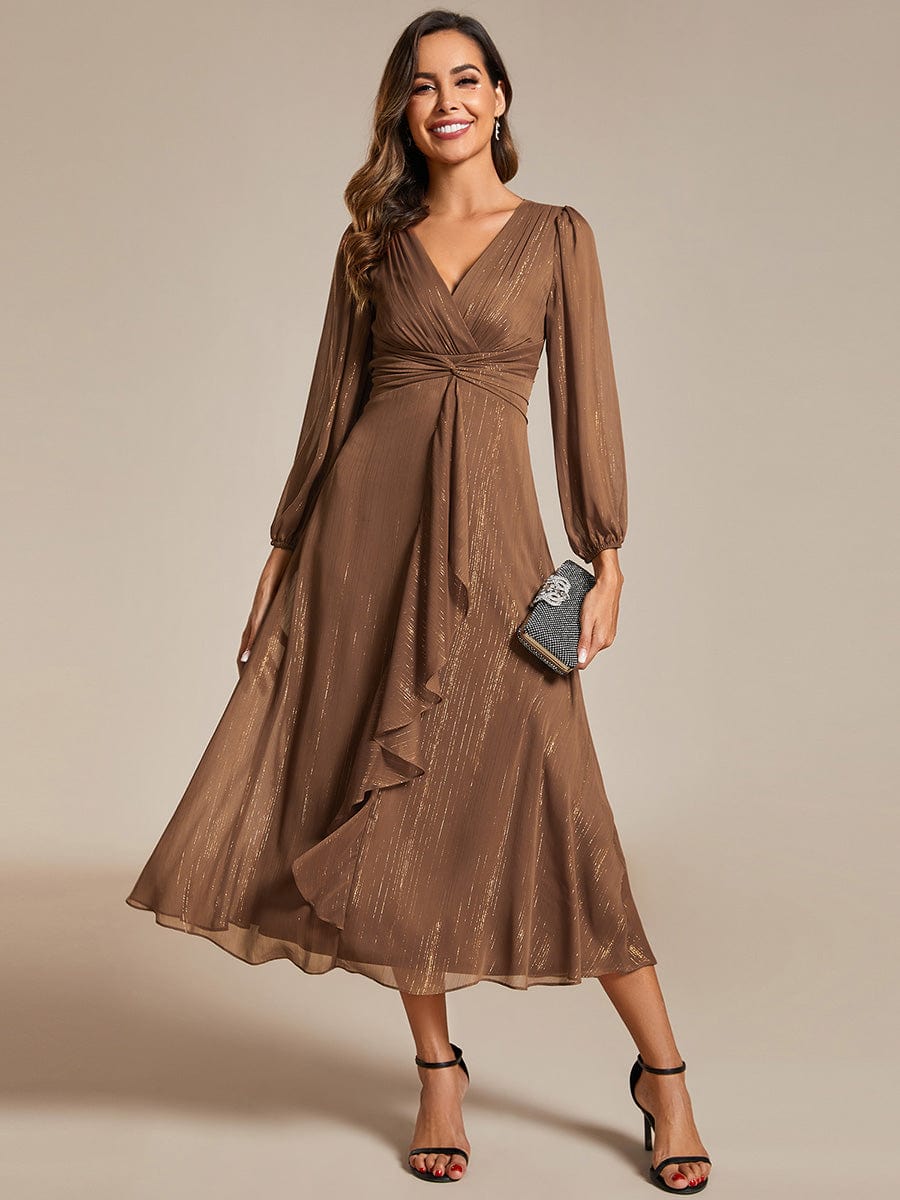 Shimmering Long Sleeve V-Neck Chiffon Twist Knot A-Line Evening Dress #color_Emperador