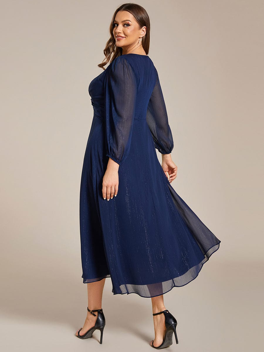 Shimmering Long Sleeve V-Neck Chiffon Twist Knot A-Line Evening Dress #color_Navy Blue